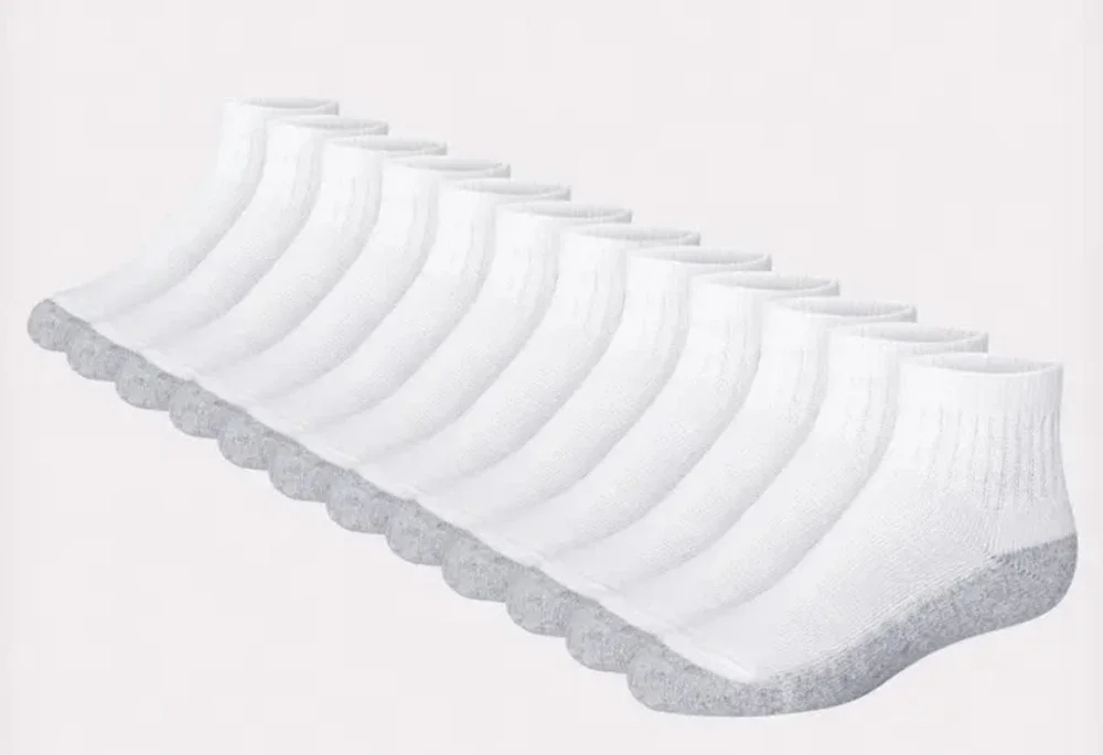 Hanes Boy's Large 12-Pack Double Tough Cushion White Ankle Socks OS1-7